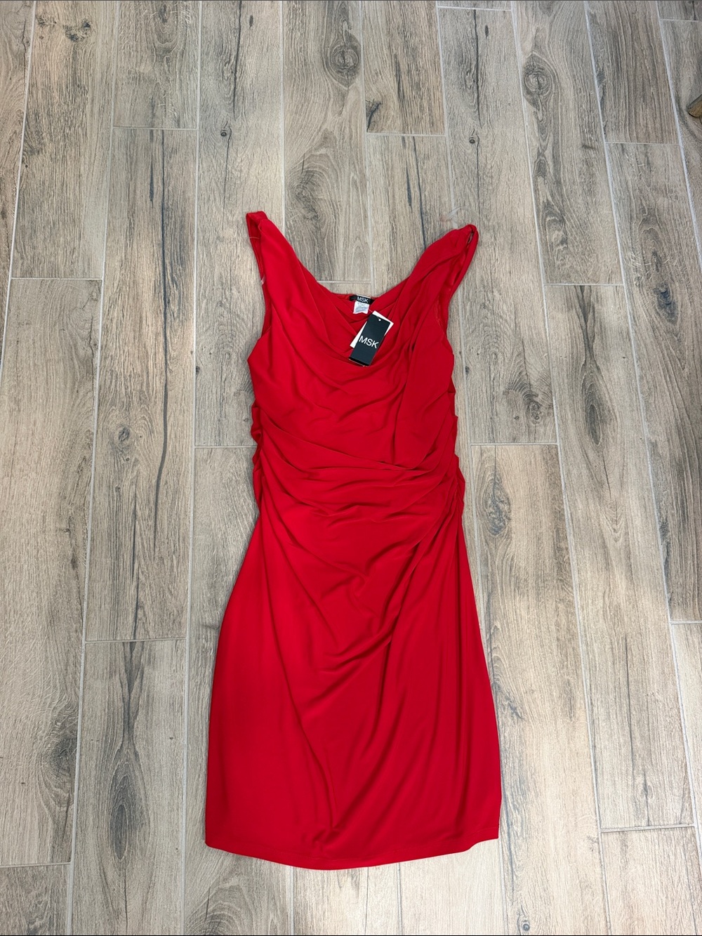 MSK Red Sleeveless Ruched Midi Dress